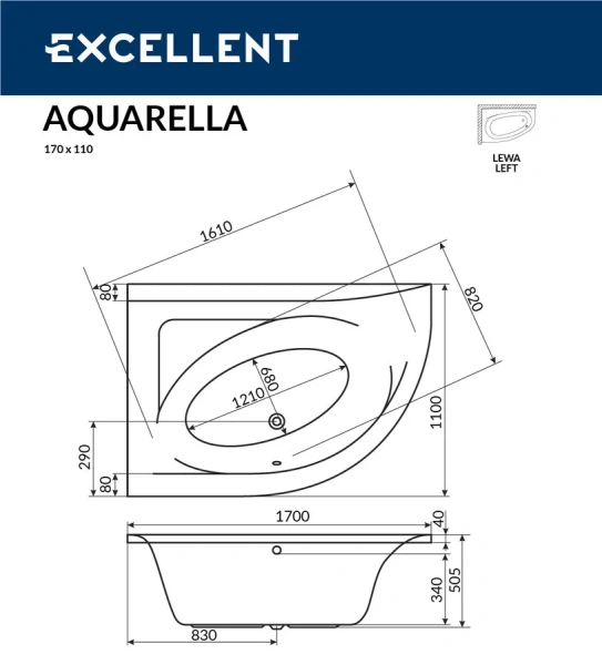 Ванна акриловая Excellent Aquarella 170 x 110 см, цвет белый, левая/правая - фото 3
