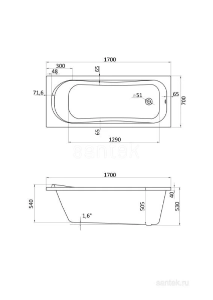Ванна акриловая Santek Тенерифе XL 1.WH30.1.979, 170 х 70 см, белая - фото 3