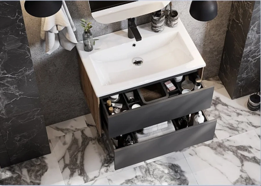 Тумба под раковину подвесная Акватон Сохо 75 см дуб веллингтон/графит софт, моноблок - фото 5