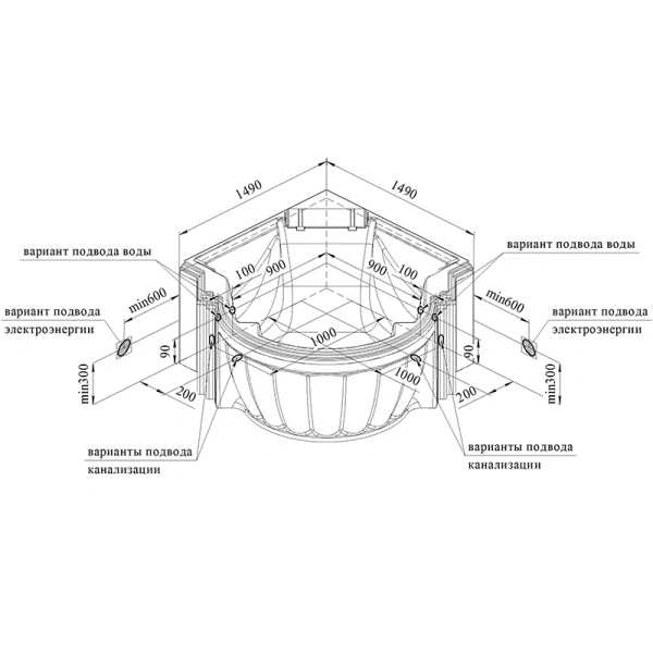 Акриловая ванна Fra Grande Монте-Карло 4-01-0-0-1-402, 149 x 149 см, рама-подставка, подголовник, комплект панелей, молдинг, белая - фото 3