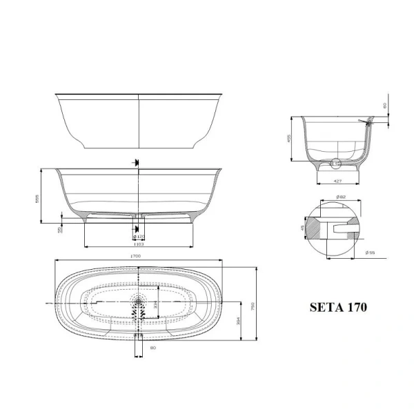 Ванна из искусственного камня Plumberia Selection Seta, 170 х 75 см, белый матовый, SETA 170BO - фото 2
