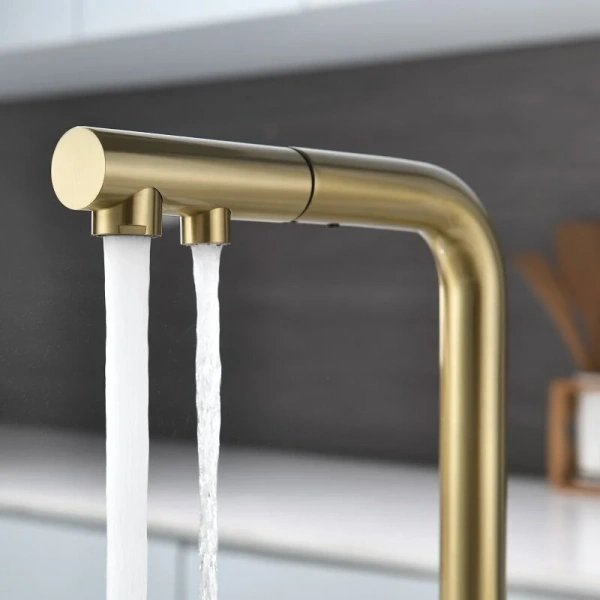 Смеситель для питьевой воды Paulmark Serpentine светлое брашированное золото, с поворотным изливом, c выдвижным изливом (лейкой), с двумя изливами - фото 7