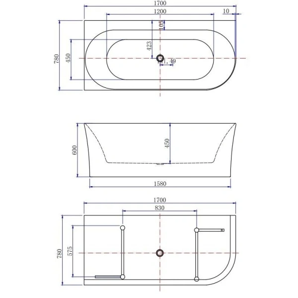 Ванна акриловая Allen Brau Priority 4, 170 х 78 см, слив-перелив в комплекте, правосторонняя, белая матовая, 139778B-MW Matt White, 2.31004.21B - фото 2