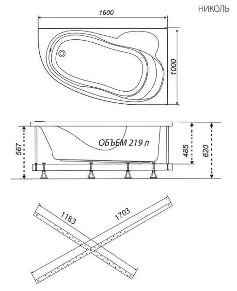 Ванна акриловая Triton OMP Николь Щ0000048679/Щ0000048680, 160 x 100 см, левая/правая, белая - фото 2
