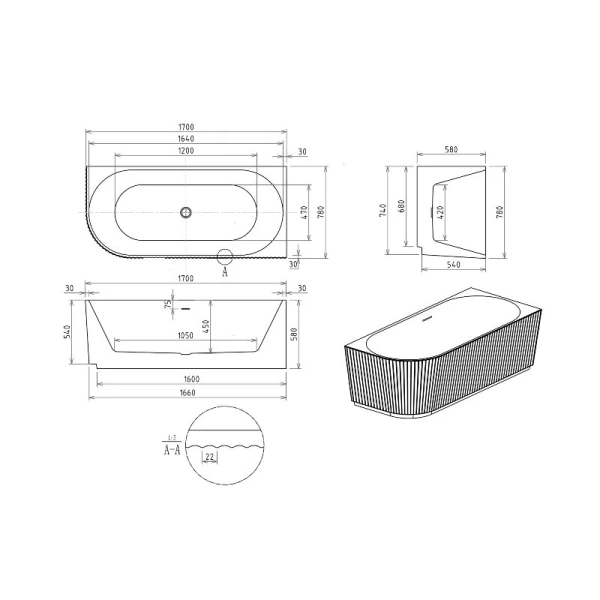 Ванна акриловая Royal Bath Nero RB710302BL-L-GR/RB710302BL-R-GR, 170 x 78 см, левая/правая, цвет белый/черный - фото 2