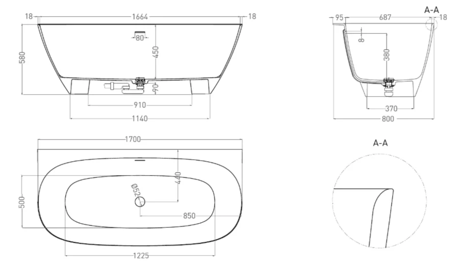 Ванна из искусственного камня Salini Sofia Wall 170x80 см белая глянцевая, литьевой мрамор - фото 2