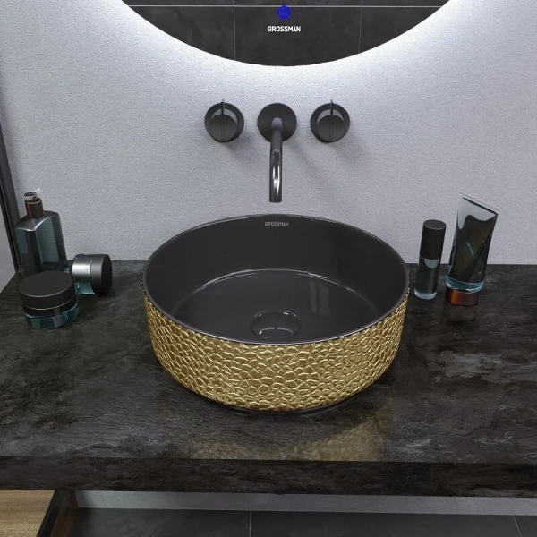 Раковина Grossman Color 35.5 см золото/черная с текстурой кожи - фото 4