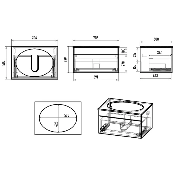 Тумба под раковину подвесная Brevita Enfida 70 см 1 ящик, черная - фото 2
