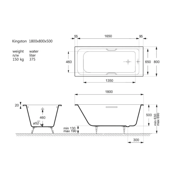 Чугунная ванна Vinsent Veron Kingston VKN1808050H, 180 x 80 см, с отверстиями под ручки, цвет белый, чугунные - фото 2