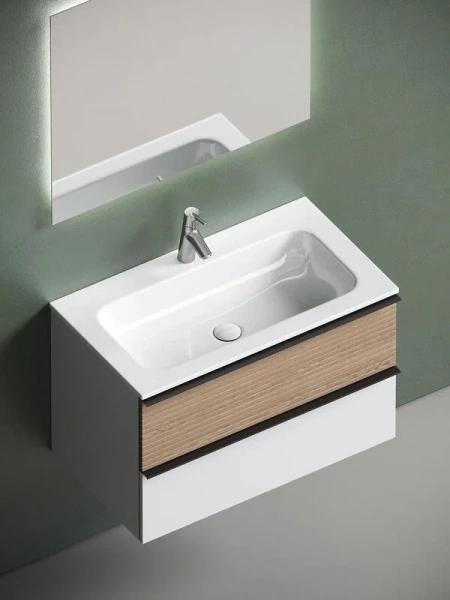 Тумба под раковину подвесная Sancos Delta 80 см дуб светлый/белая, моноблок, под накладную раковину - фото 5