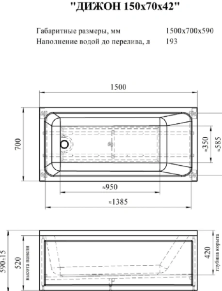 Акриловая ванна Радомир Дижон 2-78-0-0-1-262Р, 150 х 70 см, фронтальный экран, каркас разборный в комплекте, белая - фото 2
