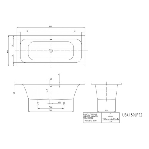 Ванна акриловая Villeroy & Boch Loop & Friends 180х80 см прямоугольная, 180x80 см - фото 4