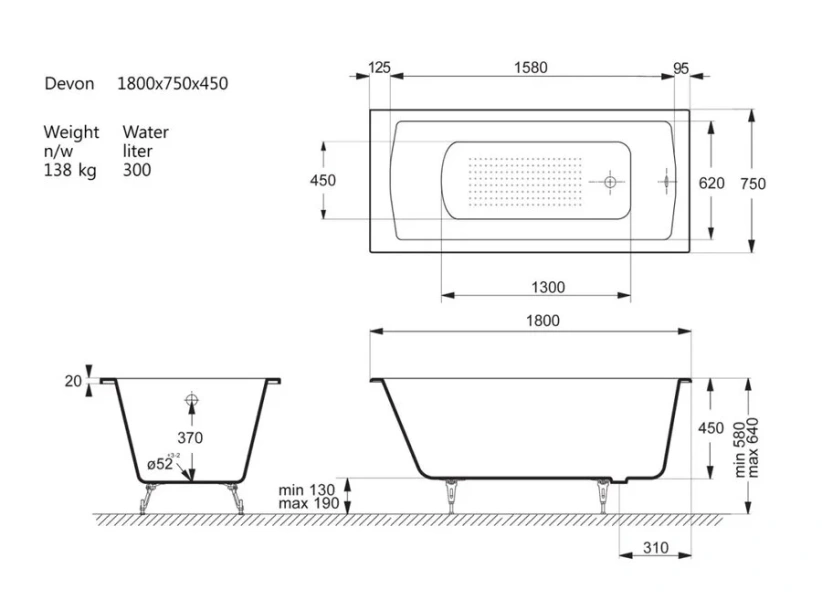 Чугунная ванна Vinsent Veron Devon VDV1807545-AS, 180 x 75 см, с антискользящим покрытием, цвет белый - фото 2