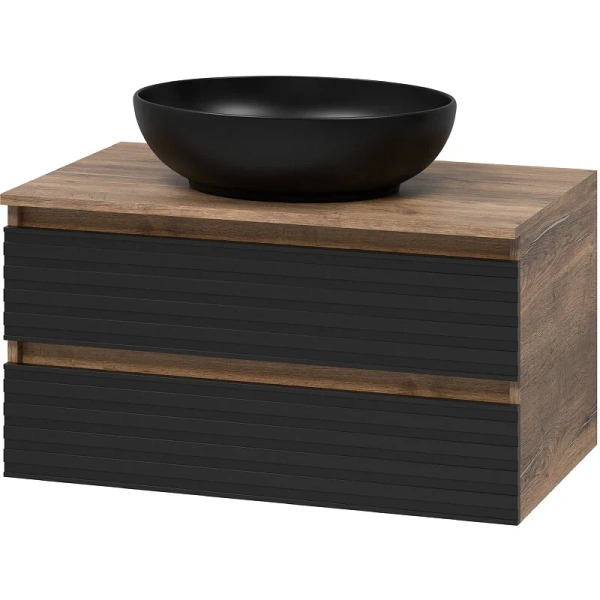 Тумба под раковину подвесная Brevita Dakota 80 см дуб галифакс олово, черный кварц - фото 1