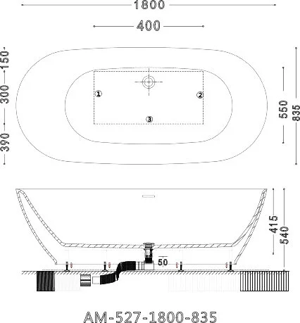 Ванна акриловая Art&Max Elegant AM-527-1800-835, 180 x 83.5 см, слив-перелив и донный клапан в комплекте, белый - фото 2