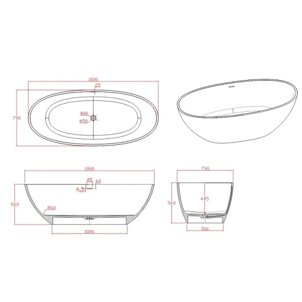 Акриловая ванна Timo LEMPI1800, 180 х 80 см, цвет белый - фото 2