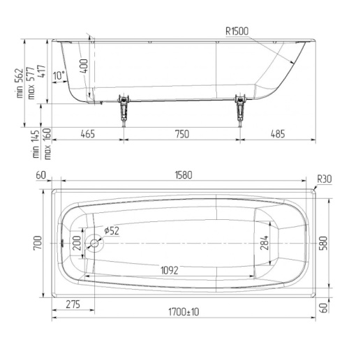 Ванна чугунная Универсал Грация 170х70 см прямоугольная - фото 2