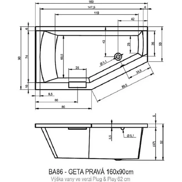 Акриловая ванна Riho Geta Plug & Play B029008005/B030009005, 160 x 90 см, цвет белый, левая/правая - фото 2