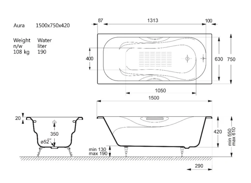 Чугунная ванна Vinsent Veron Aura VAU1507542H/VH0015GD-AS, 150 x 75 см, с антискользящим покрытием, ручки золото, цвет белый - фото 2