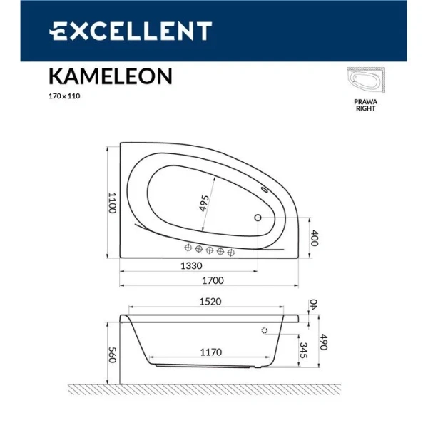 Ванна гидромассажная Excellent Kameleon Ultra 170 x 110 см, правая, белый/бронза, WAEX.KMP17.ULTRA.BR - фото 2