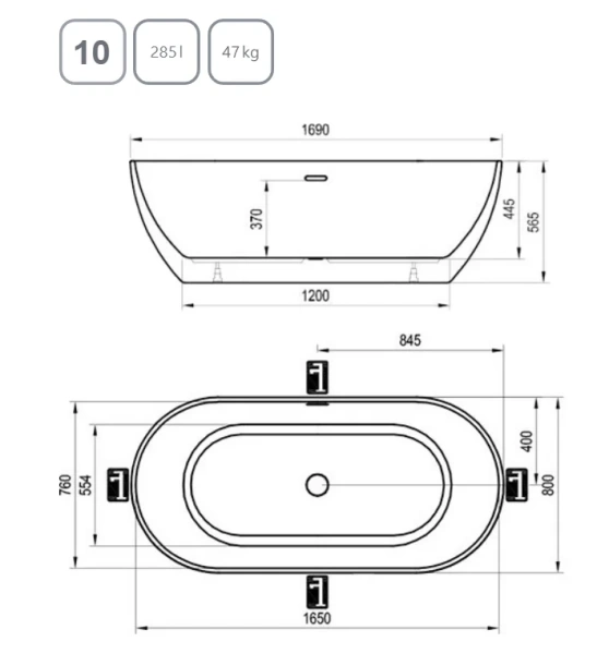 Ванна акриловая Ravak Freedom O XC00100044, 169 x 80 см, отдельностоящая, белая, слив-перелив белый - фото 2