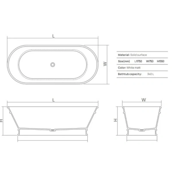 Ванна DEA Design Shadow DD8674 1750 18, 175 х 75 см, искусственный камень, цвет белый матовый - фото 2