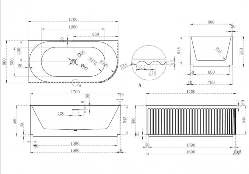 Ванна акриловая Abber 170x80 см левосторонняя, акриловые - фото 2