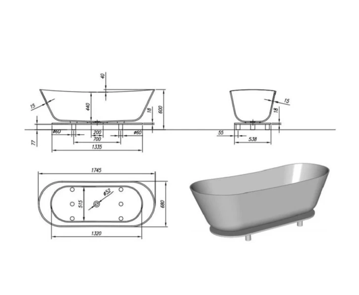 Ванна из искусственного камня Kolpa-San Atys Duo-FS, 622760, 174 х 70 см - фото 2