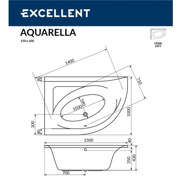 Ванна гидромассажная Excellent Aquarella Line 150 x 100 см, левая, белый/золото, WAEX.ARL15.LINE.GL - фото 2