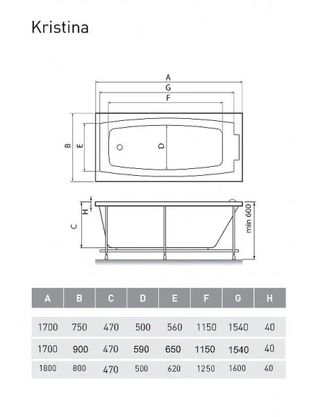 Ванна акриловая Relisan Kristina Гл000025600 170 х 90 см, белая - фото 2