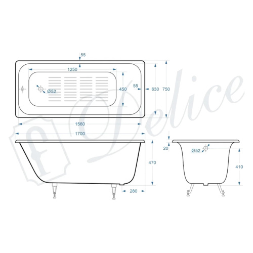 Ванна чугунная Delice Continental Plus 170х75 см с антискользящим покрытием - фото 2