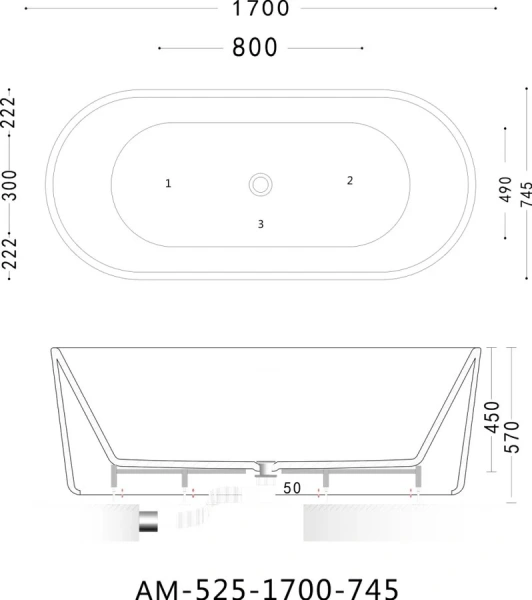 Ванна акриловая Art&Max Platino AM-525-1700-745, 170 x 74.5 см, слив-перелив и донный клапан в комплекте, белый - фото 2