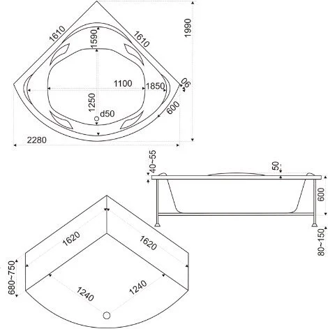 Ванна акриловая Bas Ривьера В 00029, 161 х 161 см, белый - фото 2