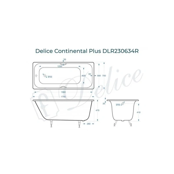 Ванна чугунная Delice Continental Plus 170х70 см с отверстиями под ручки - фото 2