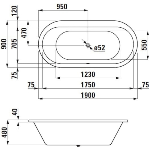 Ванна акриловая Laufen Solutions 190х90 см овальная - фото 2