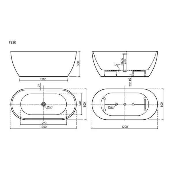 Aкриловая ванна Sancos Leaf FB20MW отдельностоящая, 170 х 80 см, белый матовый - фото 2