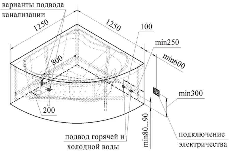 Акриловая ванна Радомир Альтея 2-89-2-0-1-219, 125 х 125 см, фронтальный экран, каркас, сифон, слив-перелив автомат в комплекте, белая - фото 3