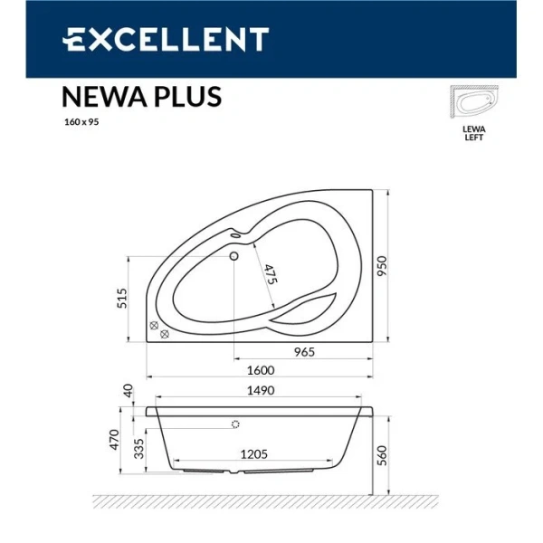 Ванна гидромассажная Excellent Newa Nano 160 x 95 см, левая, белый/хром, WAEX.NEL16.NANO.CR - фото 2