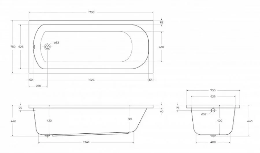 Ванна акриловая Cezares Eco 175х75 см без гидромассажа - фото 2