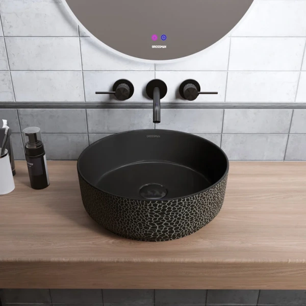 Раковина Grossman Color 35.5 см черная с текстурой кожи - фото 3