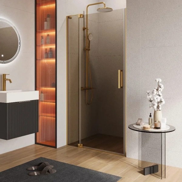 Душевая дверь в нишу Slider 110 см стекло бронзовое профиль брашированное золото - фото 1