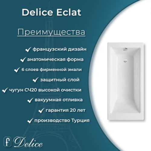 Ванна чугунная Delice Eclat DLR230621R 170x70 см с отверстиями под ручки - фото 3