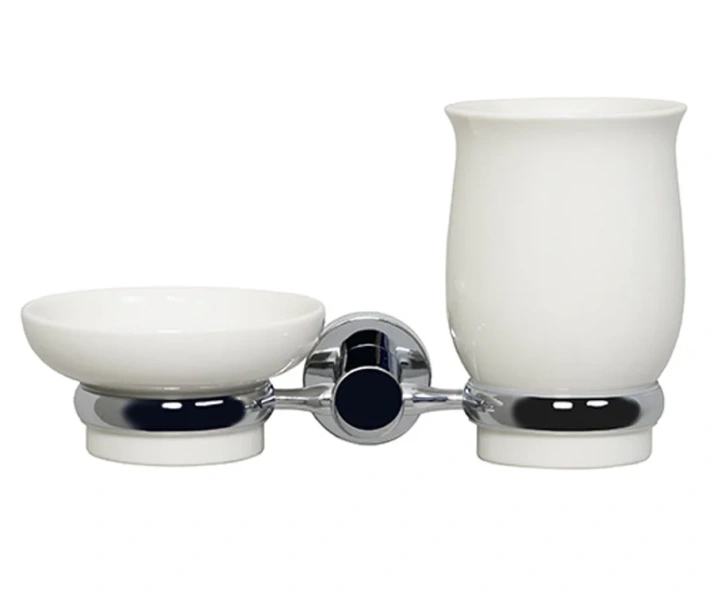 Стакан для ванной и мыльница WasserKRAFT хром/белый - фото 1