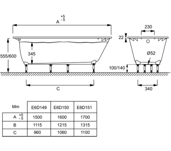 Ванна из искусственного камня Jacob Delafon Odeon Rive Gauche 150х70 см встраиваемая, с ножками, современныe, hi-tech - фото 3