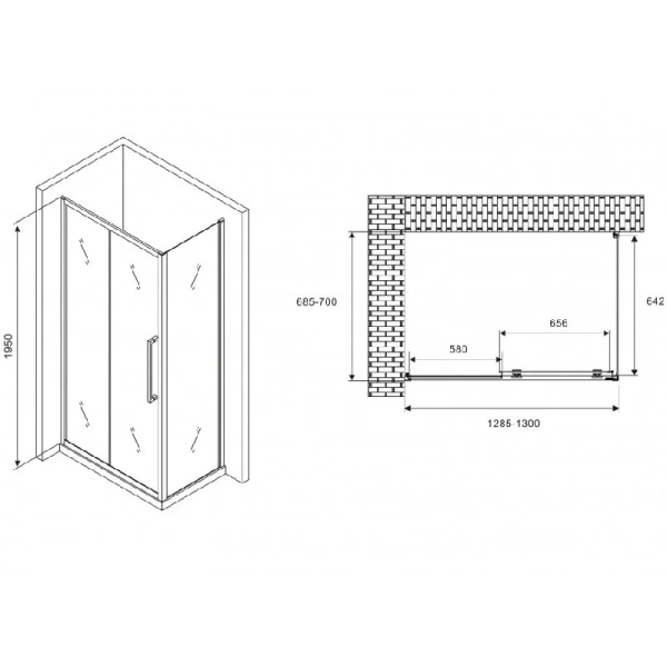 Душевой уголок Abber Schwarzer Diamant 130х70 см профиль черный, прямоугольные - фото 2