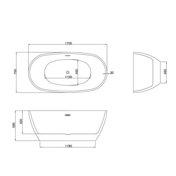 Ванна акриловая Grossman Fly, GR-1104MB, 170 x 75 см, отдельностоящая, внутри белая, снаружи черная матовая - фото 2