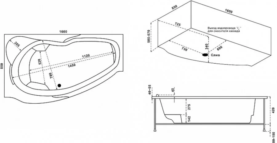 Ванна акриловая Bas Мартиника 160 х 85 см, L/R, белая, В 00059/В 00060 - фото 2