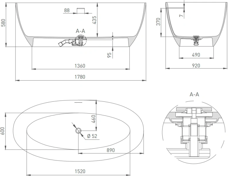 Ванна из искусственного камня Salini Alda Nuova 178x92 см белая глянцевая, белые - фото 8