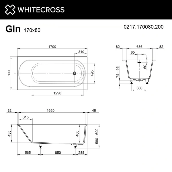 Ванна Whitecross Gin, 0217.170080.200, 170 х 80 см, искусственный камень, белая матовая, прямоугольные - фото 5