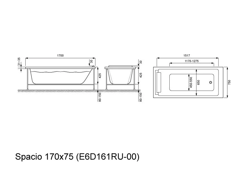 Ванна акриловая Jacob Delafon Spacio E6D161RU-00 170х75 см - фото 2